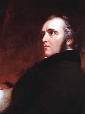 Ritratto di Lord Macaulay. Dipinto che ci mostra di tre quarti un uomo sulla quarantina, molto stempiato, lunghi capelli castani brizzolati pettinati all'indietro e favoriti che scendono lungo il collo. Ha l'espressione seria e decisa, sottolineata da un mento decisamente considerevole. Veste un cappotto nero con il collo di velluto, e sotto, si intravede una camicia bianca