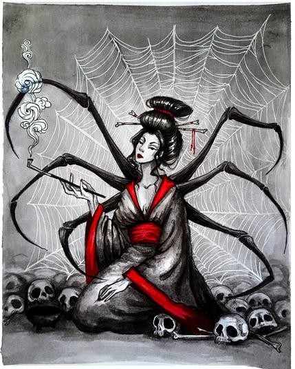 A woman with spider's legs sits surrounded by skulls and bones before a large spider's web.