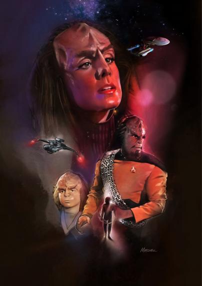 A poster of Worf, his son Alexander, and behind them is the large face of Alexander's mother and Worf's ex girlfriend, K'Ehleyr.