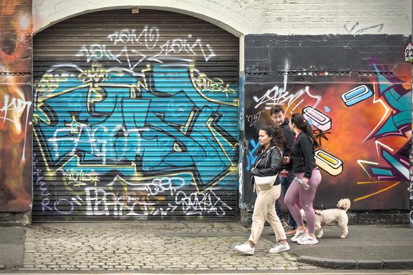 A street scene. A group of three people with a dog walking past a wall and large metal shutter in an entrance way. The wall and shutter are covered in graffiti / street art.