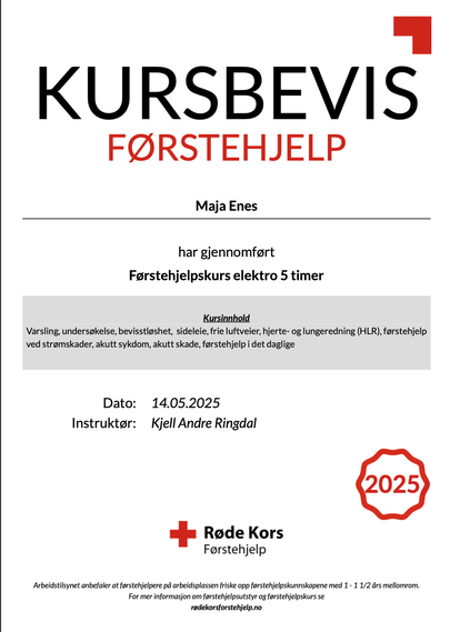 Diplom: Kursbevis førstehjelp. Maja Enes har gjennomført førstehjelp elektro 5 timer. Og litt om hva kurset har inneholdt etc. Fra Røde kors.
