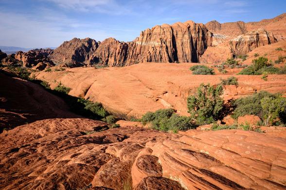 A landscape of red and orange sandstone formations, interspersed with small green bushes and trees. Jagged rocky hills rise in the background under a clear sky.
