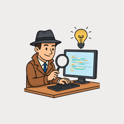 Error Busters Guide to Solving Flow and Apex Trigger Errors in Salesforce blog image. A man is looking at his computer with a magnifying glass, and he is wearing detective clothes.