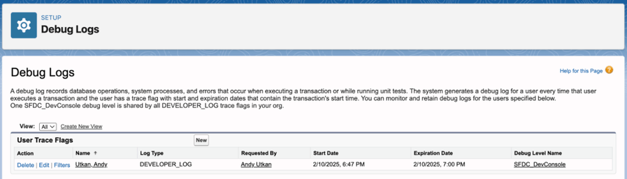 User Trace Debug Log
