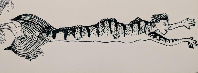 A mer person is swimming, they have bars on their back and look like they're enjoying their swim. Drawn in very dark green.
