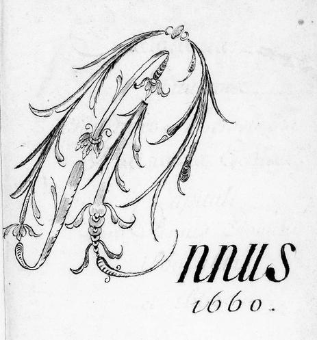 A tarabiscoté et plein de fioriture ressemblant à un phallus, première lettre du mot Annus (année en latin) 1660