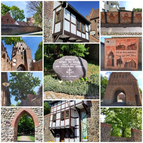 Elf Fotos von der Stadtmauer von Neubrandenburg mit Wehrhäuschen in Fachwerkstil und echten Wehrtoren.
Dazu ein paar bemalte Wände und ein Gedenkstein zum Ende des 2. W-Krieges gesetzt vom Bund der Vertriebenen.