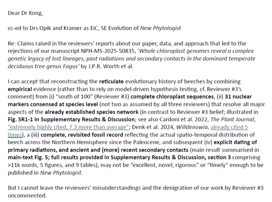First lines of my letter to the handling editor of our manuscript on the evolutionary history of beeches.