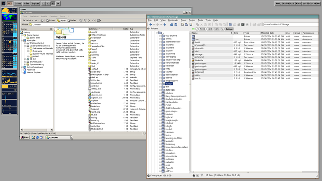 Screenshot of my desktop.

Windows 2000 and the Explorer running in QEMU. It shows C:\WINNT.

On the right, we have XFE, showing part of my ~/work/C directory.

Both file managers have a tree view on the left and a detailed panel on the right.