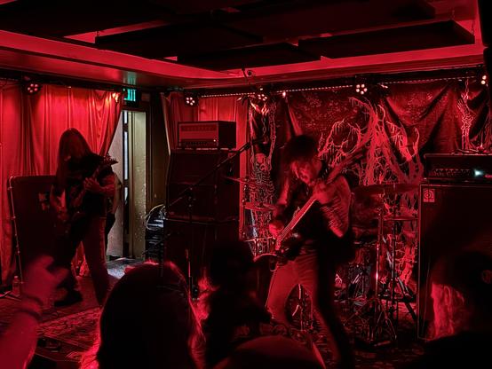Blood red dark lighting, death metal band on a small stage, audiences heads and foreground, big spiky logo in background