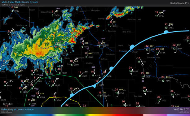 Composite RADAR image of southern Manitoba and northern North Dakota showing rain and thunderstorms over southern Manitoba. The image is overlaid with surface weather station plots and an annotation of a frontal boundary.