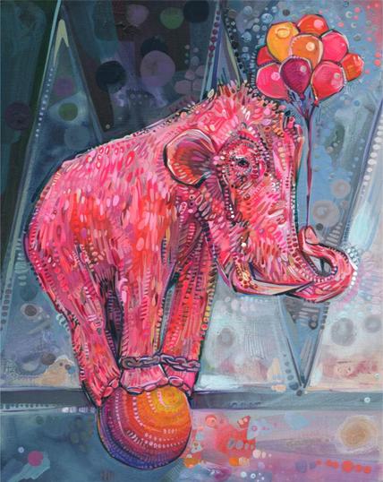painting of a pink woolly mammoth in a circus