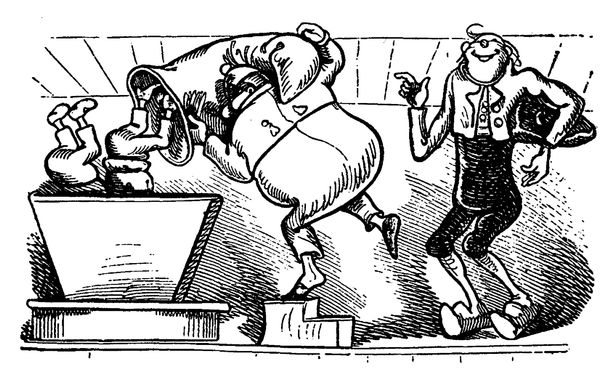 Max und Moritz (1865) tells the story of two insufferable, mischievous brats who enjoy terrorising those around them and the village elders. Absolutely opposed to order, they know no respect. But unfortunately for them, and fortunately for those close to them, society takes its revenge in the end, as they are both punished for their misdeeds by ending up as goose feed after being crushed by the wheels of a mill and spat out by a disgorger.