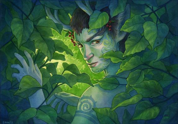 Illustration of a fae/faun creature walking through thick vegetation, looking back at the viewer with an inviting gaze.