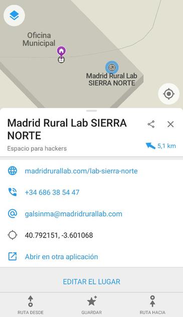 Organic maps screenshot with the node shown for Madrid Rural Lab SIERRA NORTE and his properties but the image.