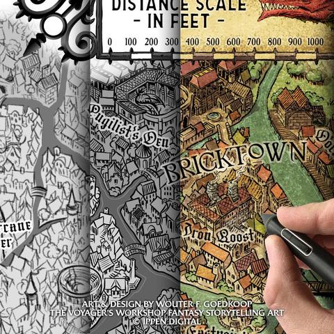 A composite photo showing a closeup of an isometric map at three different stages of development.