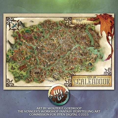 The finished city map of Scalebrook, a fantasy TTRPG setting.