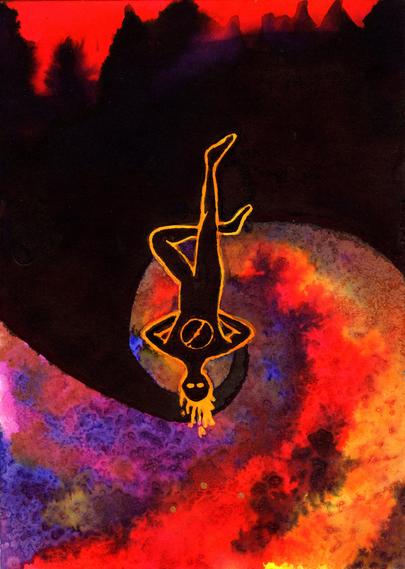 Silhouette of a man in the Hanged Man pose known from the tarot with a vortex combining the superbloom phenomenon and the view known from the album cover in the background