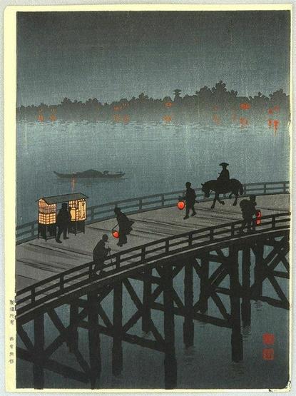 A bridge over slightly misty water at night. Travelers on foot or horseback are dark silhouettes. There is one illuminated cart.