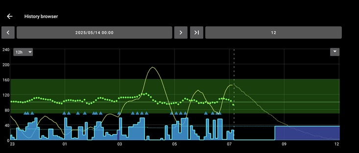 Glucose level graph showing near non-diabetic levels of adherence to the target glucose value.