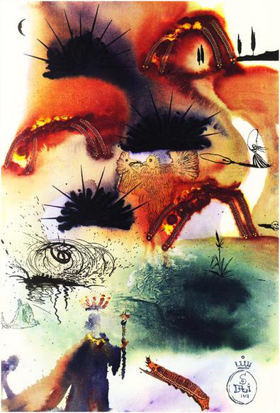 a watercolor painting like an assembly of different imagery, there is a king with a crown, cape, and scepter next to a caterpillar, and above this a dark blue-green swampy area and a watery scribble.  There are human forms bent over backwards with arms and legs apparently made of caterpillars, and all of these are clearly burning, and in the flames of one seems to be a fire bird.  next to these are black explosions.  there is a small girl figure with a jump rope in mid swing
