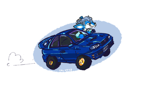 digital art by me that i drew with my hands. tenza the blue fox is cruising in a blue subaru impreza with the big spoiler and the hood scoop and the gold rims that are all stock