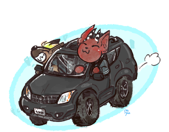 more art by me that i drew with my hands, fuck ai. aelph and i riding in a black 06 nissan murano which is our car we are trying to fix