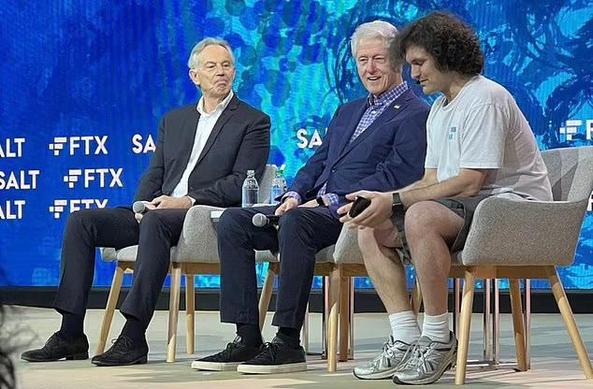 Tony Blair, Bill Clinton and Sam Bankman-Fried on a stage together at an FTX Crypto Conference in the Bahamas.