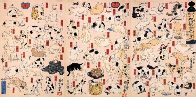 The image is a traditional Japanese triptych artwork featuring a variety of cats in different poses and expressions. The background is a light beige color, and the cats are depicted in a detailed and realistic style, with a focus on their fur patterns and postures. The cats are shown in various activities, such as sitting, lying down, playing, and interacting with objects like baskets and balls of yarn. Each cat is accompanied by red text boxes, likely containing Japanese characters that may describe the cat or its characteristics. The artwork is divided into three panels, with the rightmost panel featuring a vertical column of text. The overall composition is dense with cats, creating a lively and engaging scene.

Provided by @altbot, generated privately and locally using Ovis2-8B
