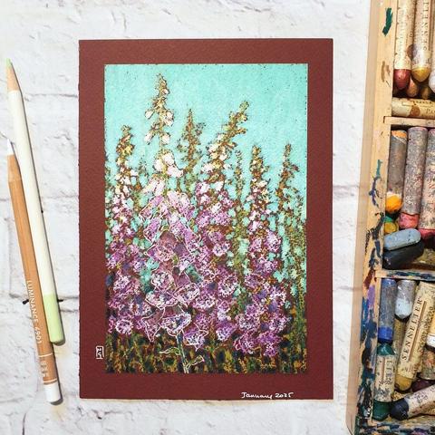 An oil pastel painting of foxglove flowers with a blue green background. Foxgloves (Digitalis purpurea) are one of the tallest wildflowers in Scotland, growing an average of up to 2-4 feet but they can grow much taller than that.
This is an original art work
Fine art oil pastel on toned pastel paper
Size A5 (21cm x 14.5cm)
Sold unframed