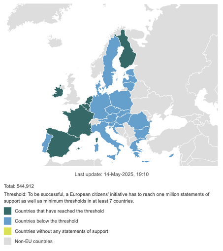 Screenshot from the petition website showing which countries have crossed the threshold, which are below, and which have no support (and which are non-EU). Note: this is only visible on desktop devices, not on mobile.