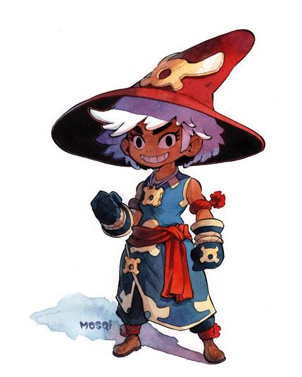 Smiling fighter / wizard white haired girl with a large red wizard hat, blue and gold dress, red belt, and fighting gloves