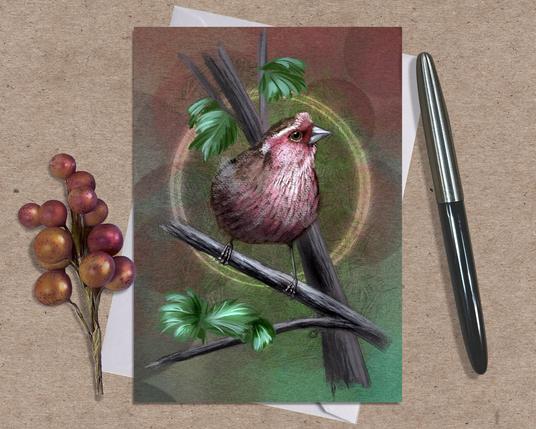 Product photograph of an illustrated greeting card featuring a White-Browed Rosefinch against a green and dusty pink paper-textured background.