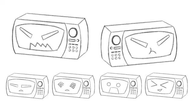 Sketch sentient microwave with different expressions
