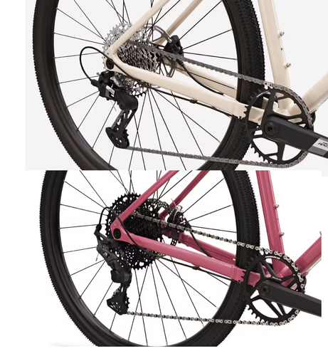 Image of GRX - white and Apex - pink on Decathlons Van Rysel GRVL. 
Same frame, Same routing options, different mechs...