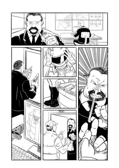 Page 1
Panel 1 – In the foreground, a fat man with a goatee and a ponytail is speaking into a walkie-talkie. In the background, another man in a matching suit is watching several monitors displaying various camera feeds from outside the location.
Panel 2 – The ponytailed man, holding a gun and still speaking into the walkie-talkie, heads toward the door.
Panel 3 – Outside, a man wearing a jacket that resembles a delivery vest removes his helmet.
Panel 4 – He drops the delivery bag, and we see a close-up of his boots.
Panel 5 – He is handing over a package to the ponytailed man, who has opened the door. The delivery man is holding a pen in his left hand, aiming it at the ponytailed man.
Panel 6 – The pen is thrown and becomes lodged right between the eyes of the ponytailed man, who makes an expression of pain.