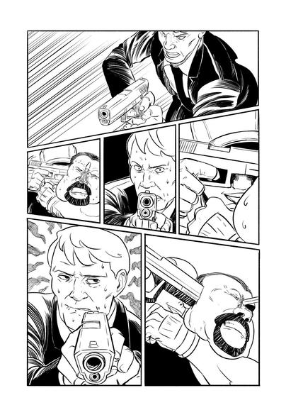 Page 2
Panel 1 – Top-down view: the man who was watching the monitors is now running with a gun in hand toward where his partner was.
Panel 2 – The delivery man, now wearing a cap and holding a gun to the ponytailed man’s temple, is using him as a human shield.
Panel 3 – The other guard is aiming his weapon, sweating.
Panel 4 – Close-up on the delivery man’s smile, as if daring the guard to shoot.
Panel 5 – The other guard slowly begins to lower his weapon, clearly frustrated.
Panel 6 – Low-angle shot: the delivery man is still holding the ponytailed man by the neck and appears to be mocking him.