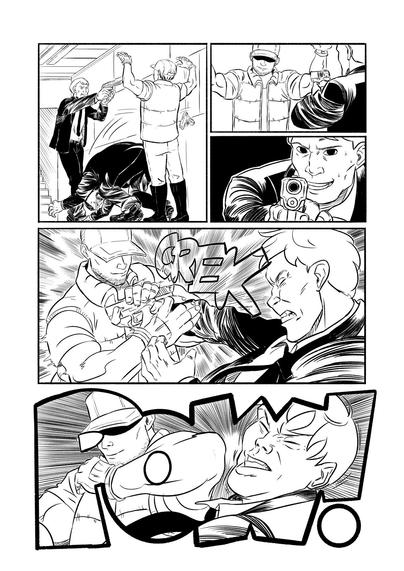 Page 3
Panel 1 – Out of nowhere, the delivery man lets go of the ponytailed man and drops his gun. The other guard then points his weapon again and begins to walk toward him.
Panel 2 – From behind the guard, we see the delivery man smiling, his face partially hidden under the cap.
Panel 3 – The guard smiles triumphantly and seems ready to shoot.
Panel 4 – In a swift move, the delivery man grabs the guard’s weapon and breaks his arm. A “CREK” sound effect is shown.
Panel 5 – The panel is shaped like the onomatopoeia “POW,” and inside we see the delivery man hitting the guard with an elbow to the chin.