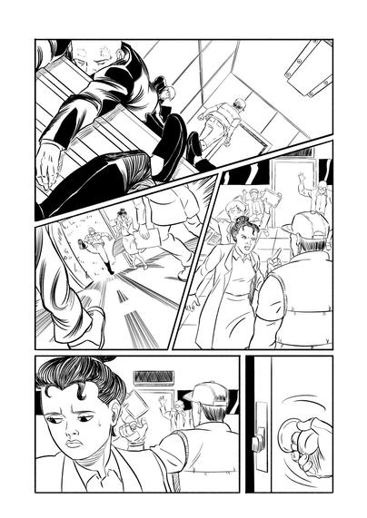 Page 4
Panel 1 – Several knocked-out guards lie on the floor as the delivery man walks slowly down a hallway toward a door, indicating the passage of time.
Panel 2 – From inside another room, we see him kicking the door open, with the onomatopoeia “BAN” on the floor.
Panel 3 – A woman starts to say something to him while everyone else in the room, possibly scientists, raises their hands in surrender.
Panel 4 – The delivery man, still not showing his face, says something that makes the woman avert her gaze as he walks past her.
Panel 5 – Close-up of his hand turning a doorknob.