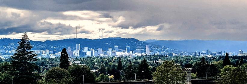 cityscape of green trees, city buildings, and hills, with cloudy sky.