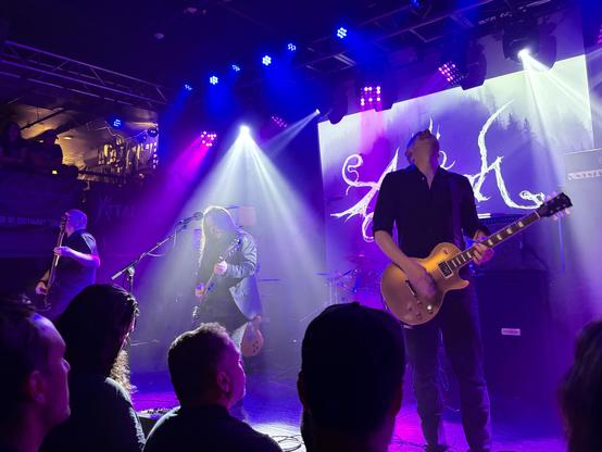 Purple and white light, white AGALLOCH logo in background, but what stands out is the gold-top Les Paul guitar…