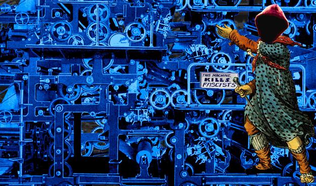 A 19th century engraving of fiendishly complex machine composed of thousands of interlocking gears and frames (originally an image of a printing press, but modified so that it's just all gears and things), colored dark blue. It bears Woody Guthrie's guitar sticker, 'This machine KILLS fascists. To one side of it stands an image of Ned Ludd, taken from an infamous 19th century Luddite handbill, waving troops into battle. King Ludd's head has been replaced with a hacker's hoodie, the face within lost in shadow.