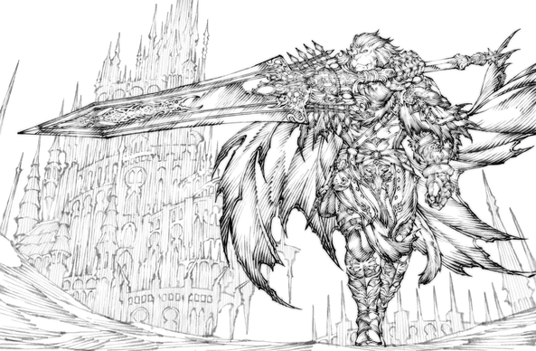 Lineart illustration of a Hrothgar—a lion-like humanoid race from the world of Final Fantasy—fully equipped in detailed armor, walking forward with a slight body tilt suggesting movement and weight. The drawing highlights intricate features such as the fur, mane, shoulder plates, and a serious facial expression, emphasizing strength and determination.