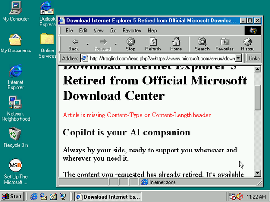 a windows 98 desktop, using IE4 to look at a microsoft page, which is advertising Copilot as your AI companion