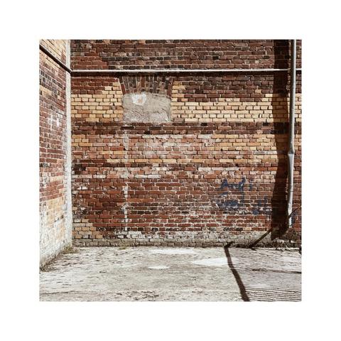 a straight look at a brick wall towards the corner. there's a concrete floor and a vertical gutter at the very right of the frame. towards the top of the frame there's a horizontal power cord