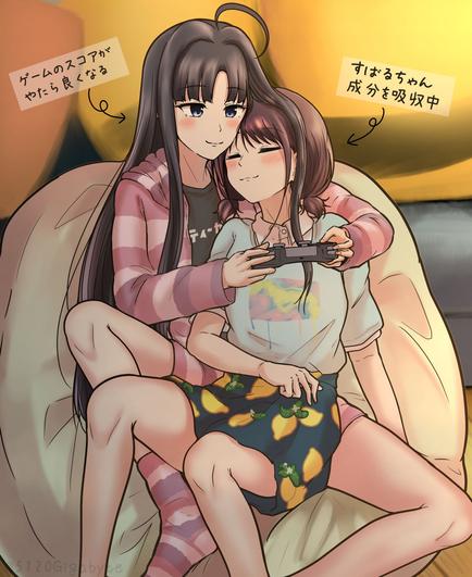 2girls, ahoge, artist name, black hair, black shirt, black skirt, blue eyes, blue shirt, blush, cardigan, closed eyes, closed mouth, controller, cuddling, food print, fruit print, game controller, highres, holding, holding controller, holding game controller, indoors, lemon print, long hair, multiple girls, pajamas, pink cardigan, pink socks, print skirt, red hair, shirt, short sleeves, short twintails, sitting, sitting on lap, sitting on person, skirt, socks, striped clothes, striped socks, translation request, twintails, yuri