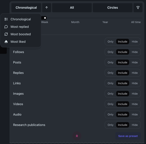 A selection of filters for a social media feed. It shows the option to sort the feed chronological, by replies, boosts or likes. It also gives the ability to filter by follows, posts, replies and more.