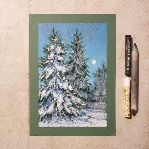 An oil pastel painting of evergreen trees laden with snow in a winter landscape with falling snow and a blue sky.
an original art work
Fine art oil pastel on toned pastel paper
Size A5 (21cm x 14.5cm)
Sold unframed
