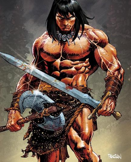 Art of Conan the Barbarian by Dan Panosian. Conan is looking grimly ahead as he brandishes a sword and an axe