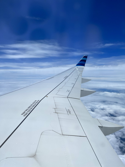 A view out an airplane window looking down the length of the wing. At the tip is a winglet. The sky is blue with wispy white clouds.